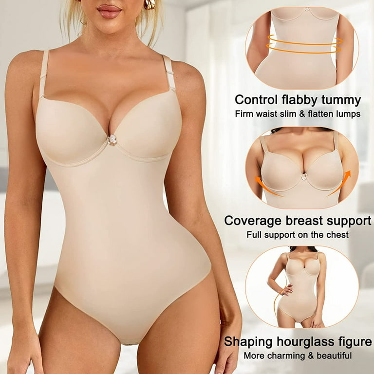 Nebility Smooth Shapewear Bodysuit Waist Trainer for Women Tummy Control  Seamless Body Shaper with Built In Bra Jumpsuit Tops(Beige,M)