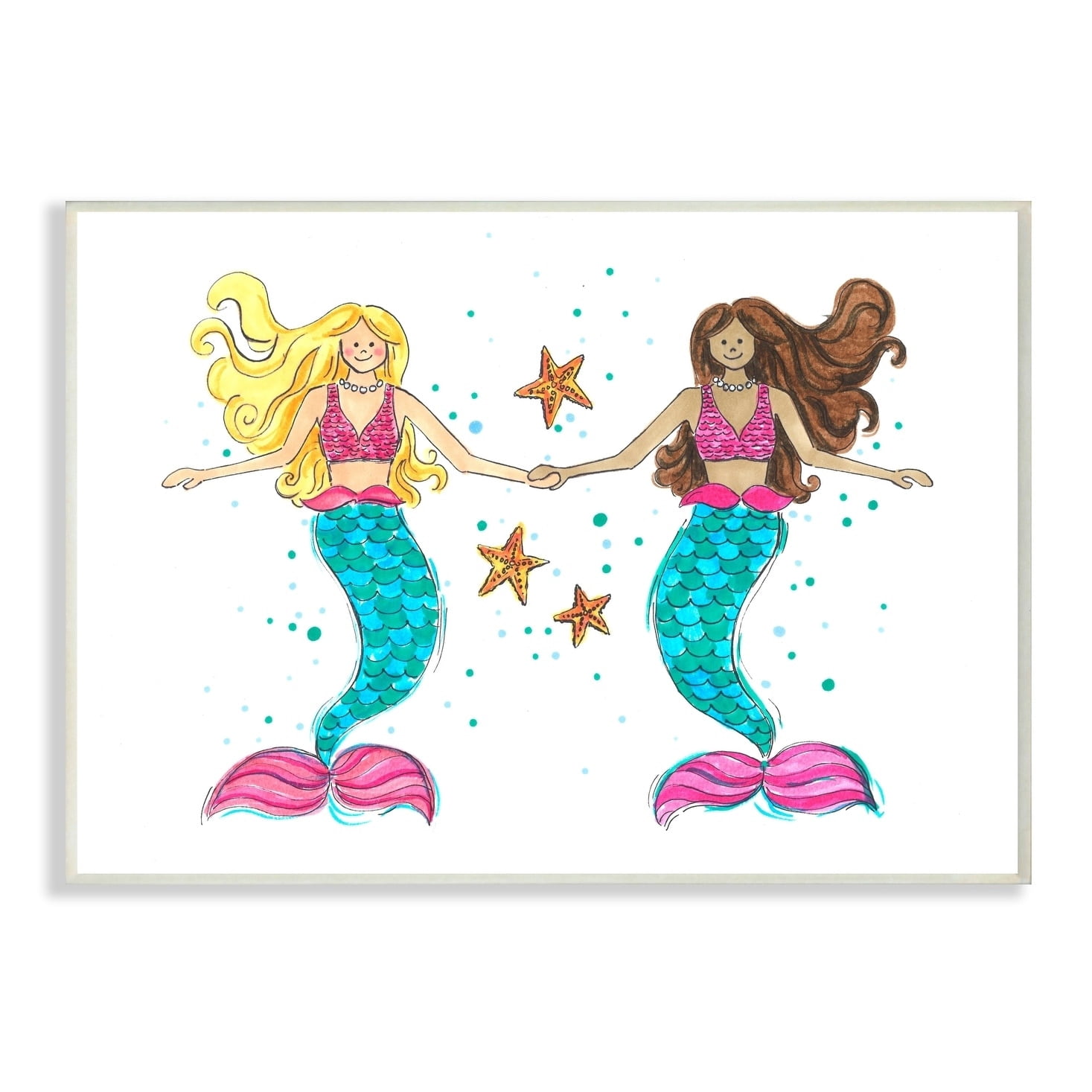 The Kids Room By Stupell Two Blue and Pink Mermaid Friends with Starfish Wall Plaque Art