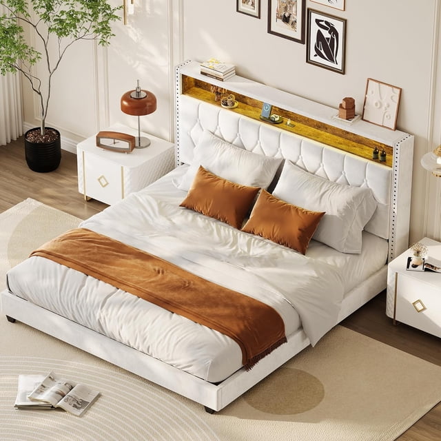 Bingirl Full Bed Frame with Upholstered Headboard, Charging Station, Bookcase, Light, and Stable, No-Noise Design - Easy Assembly, No Box Spring Required (Off White)