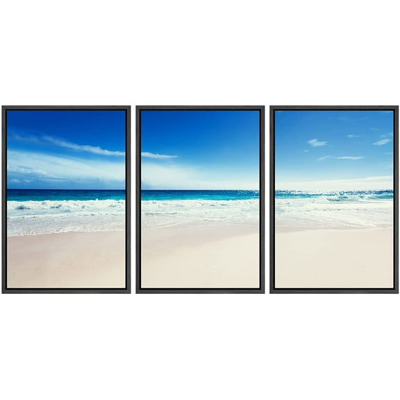 wall26 3 Piece Framed Canvas Wall Art - Seychelles Beach - Modern Home Art Stretched and Framed Ready to Hang - 16"x24"x3 Black