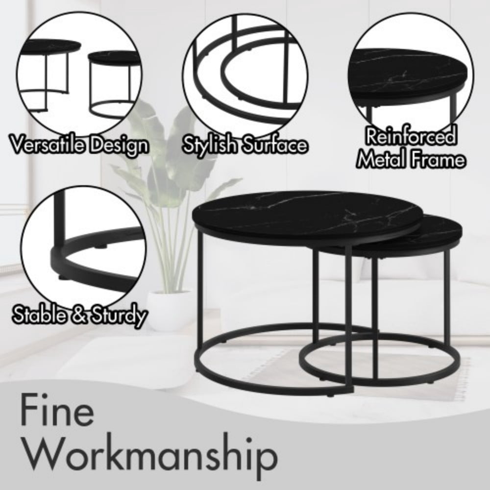 27.6" Nesting Coffee Table Set of 2, Round Wood Marble Pattern Top with Sturdy Metal Frame, Stackable End Tables for Living Room, Bedroom, Office, Black & Black
