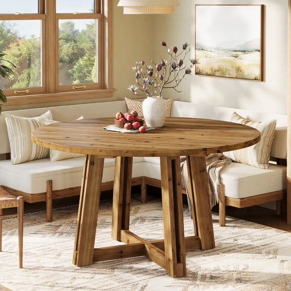 Finmind  Solid Wood Dining Table for 4-6, 47 Inch Round Kitchen Table with Wood Legs, Farmhouse Kitchen & Dining Room Furniture, Brown