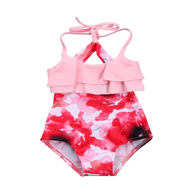 Toddler Baby Girls Swimsuits Ruffle Floral Print Halter Bikinis Backless One-Piece Bathing Suit cQH