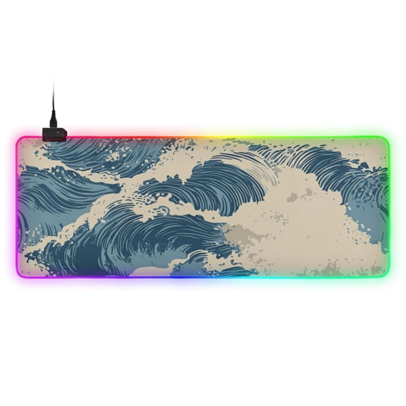 Blue Wavy Vintage RGB Gaming Mouse Pad Large Keyboard Mat Rubber Base 13 Light Modes