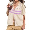 thumbnail image 4 of Womens Striped Short Sleeve Sweater Casual Knitted Button Down Crochet Cardigan Vintage Y2k Hollow-Out Tops, 4 of 6
