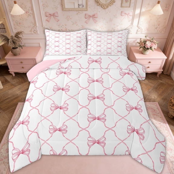 Pink Bow Bedding Set Cute Bowknot Down Comforter Grids Ribbon Bow Queen Comforter Set Kawaii Watercolor Bow Tie Quilt Set Teen Women Room Decor 3 Pcs