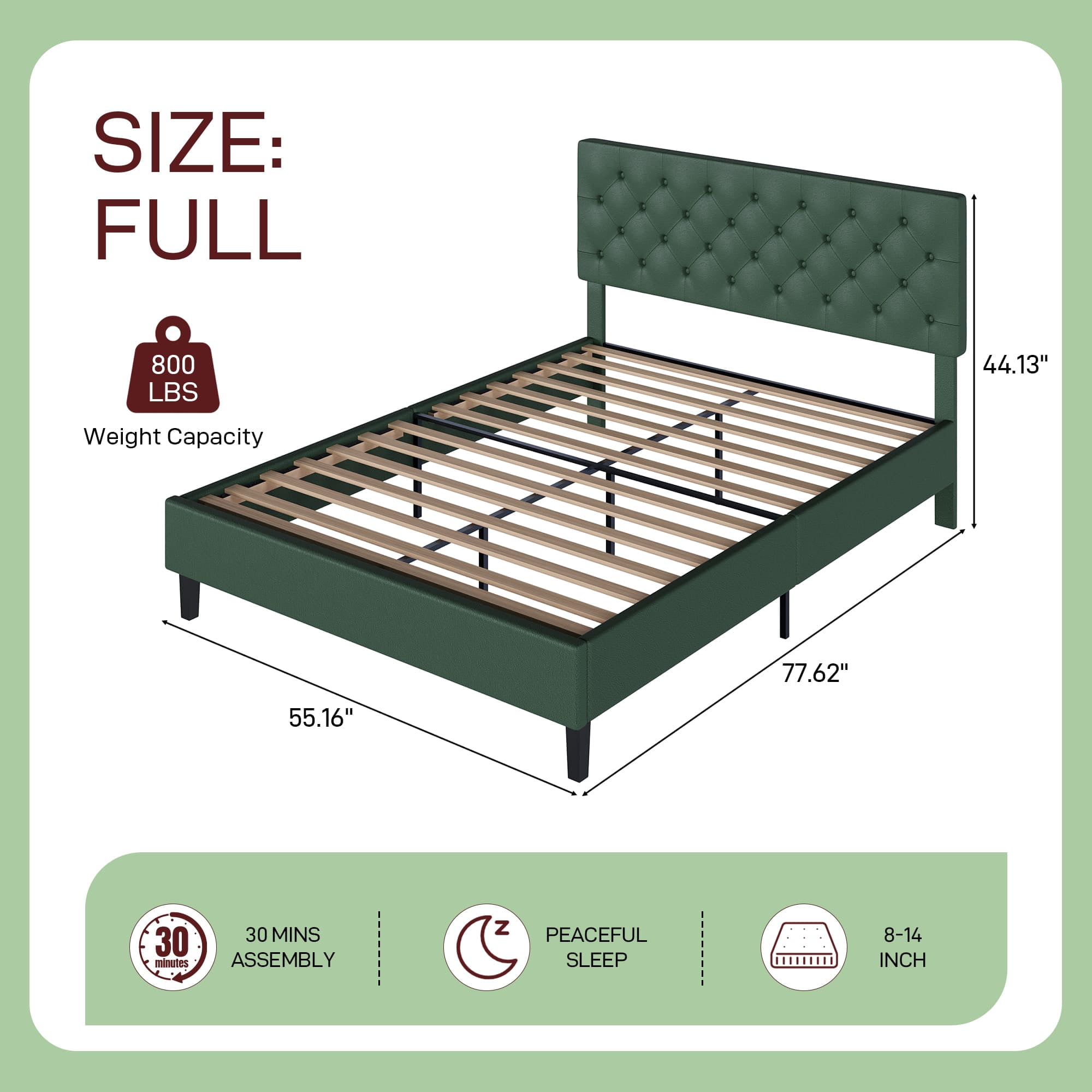 4 EVER WINNER Full Upholstered Bed Frame with Headboard, Button Tufted Linen Bed Base, Platform Bed with Wood Slat, Heavy Duty, Easy Assembly, No Box Spring Needed, Green