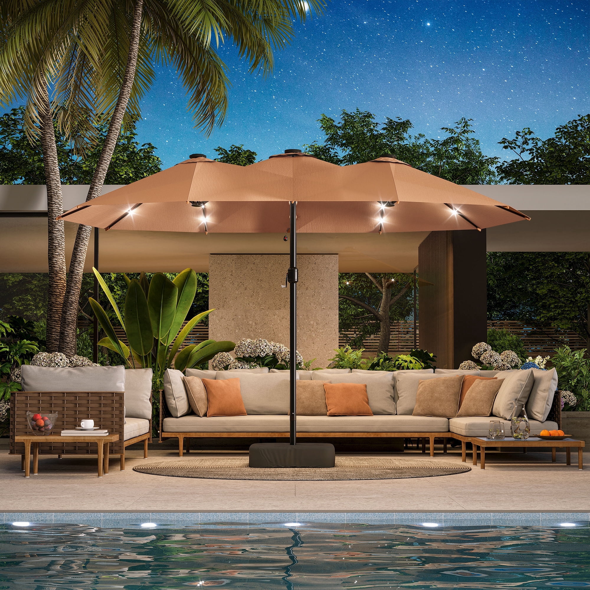 LAUSAINT HOME 13ft Double Sided Patio Umbrellas with Base & Lights for Garden, Poolside, Beige
