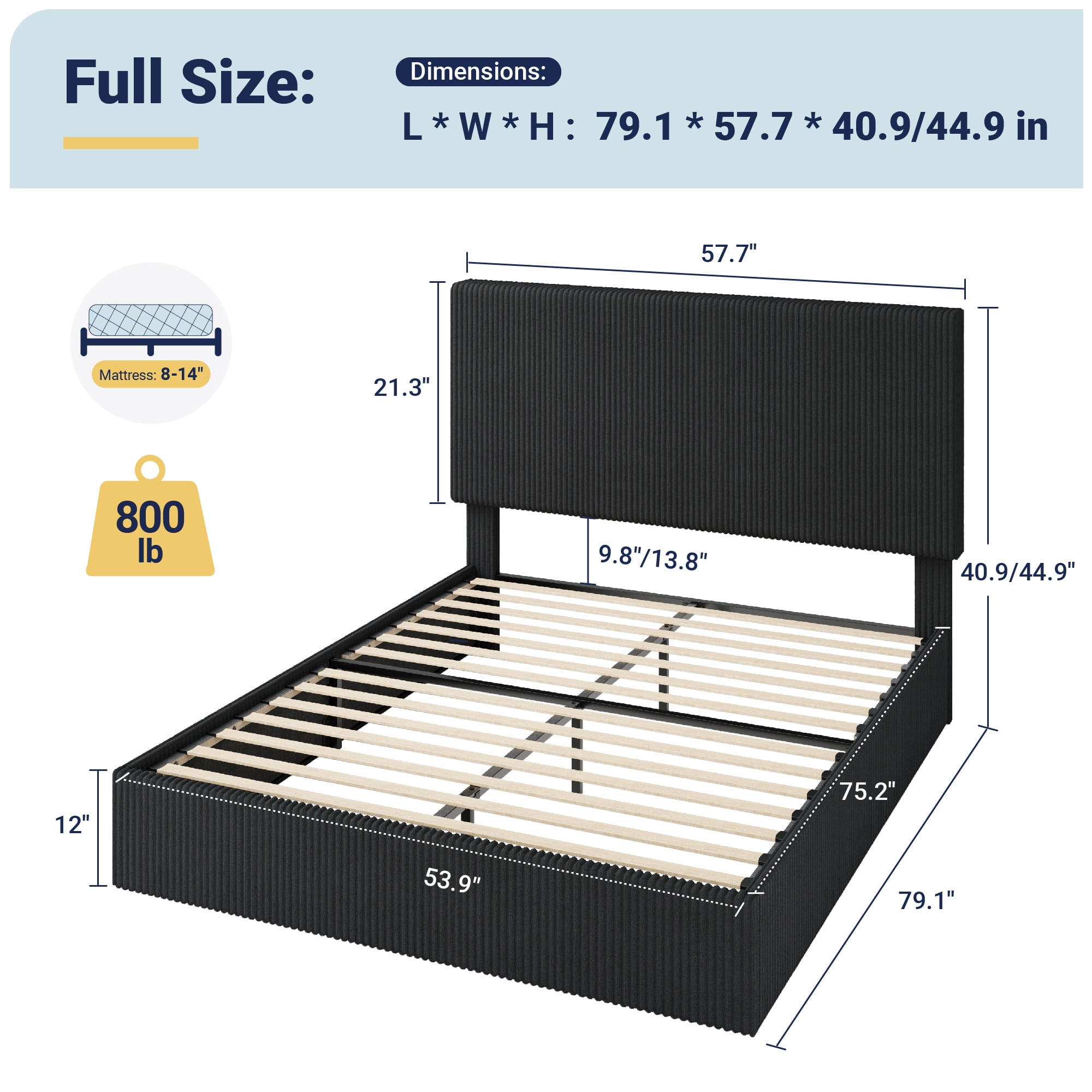 Allewie Full Bed Frame, Upholstered Platform Bed, Adjustable Vertical Channel Tufted Headboard, Corduroy Fabric, Modern Low Profile, Wooden Slats, No Box Spring Needed, Easy Assembly, Black