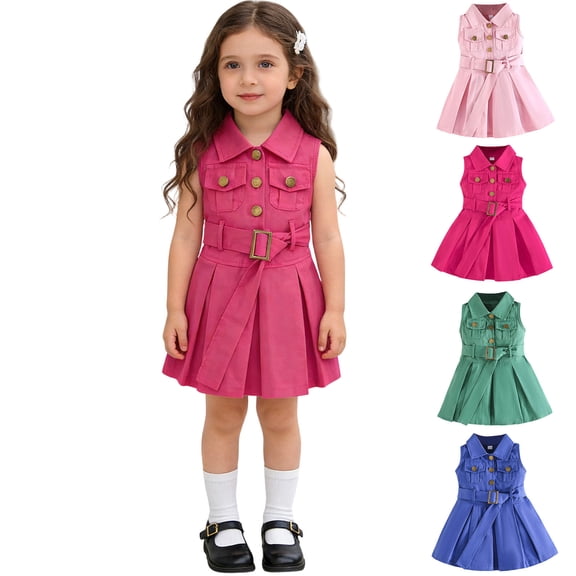 HAOTAGS Denim Jumper Girls Dresses,Round Neck Causal Sleeveless Toddlers Dress With Belt Pink 4 T