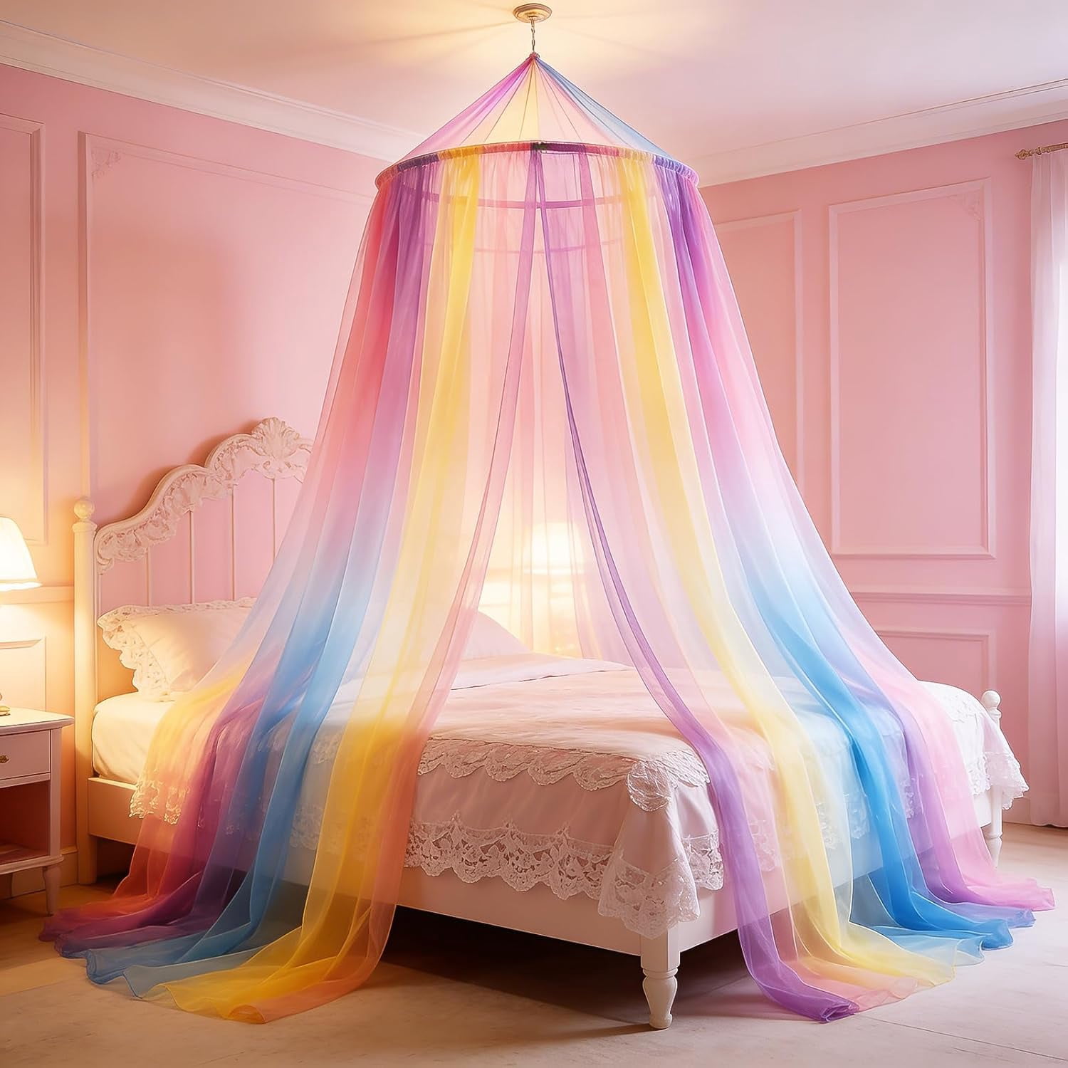 Mosquito Net for Bed Canopy for Girls, Twin to Queen Size Bed Canopy Curtains from Ceiling, Dome Mosquito Netting Bed Tent for Bedroom Decorative, Travel with Storage Bag (Lace Flower)