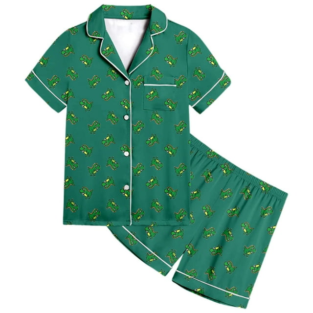 Ensemble de Pyjama en Soie pour Filles Garçons Imprimé Manches Courtes à Boutons Ensemble de Tenue d'Intérieur Ensemble de Pyjamas Classique Pyjamas pour Enfants Garçons Filles Mode