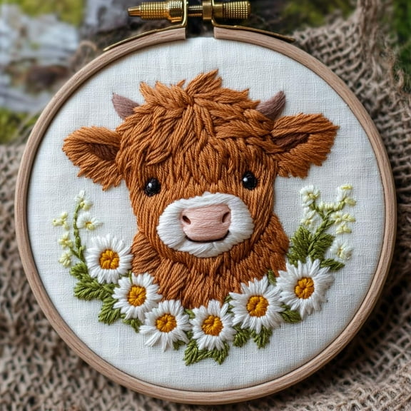 DIY Punch Needle Kits for Beginners Cute Highland Cow and Daisy Flowers with Hoop Embroidery Punch Needle Starter Set Easy for Adults and Kids Festival Gift and Decor 20x20cm-2