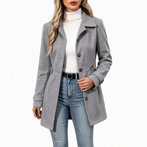 Biaocheng Women's Double Breasted Trench Coat Casual Long Sleeve Lapel Collar Belted Mid-Length Jacket with Pockets Solid Color Fall Winter Outerwear