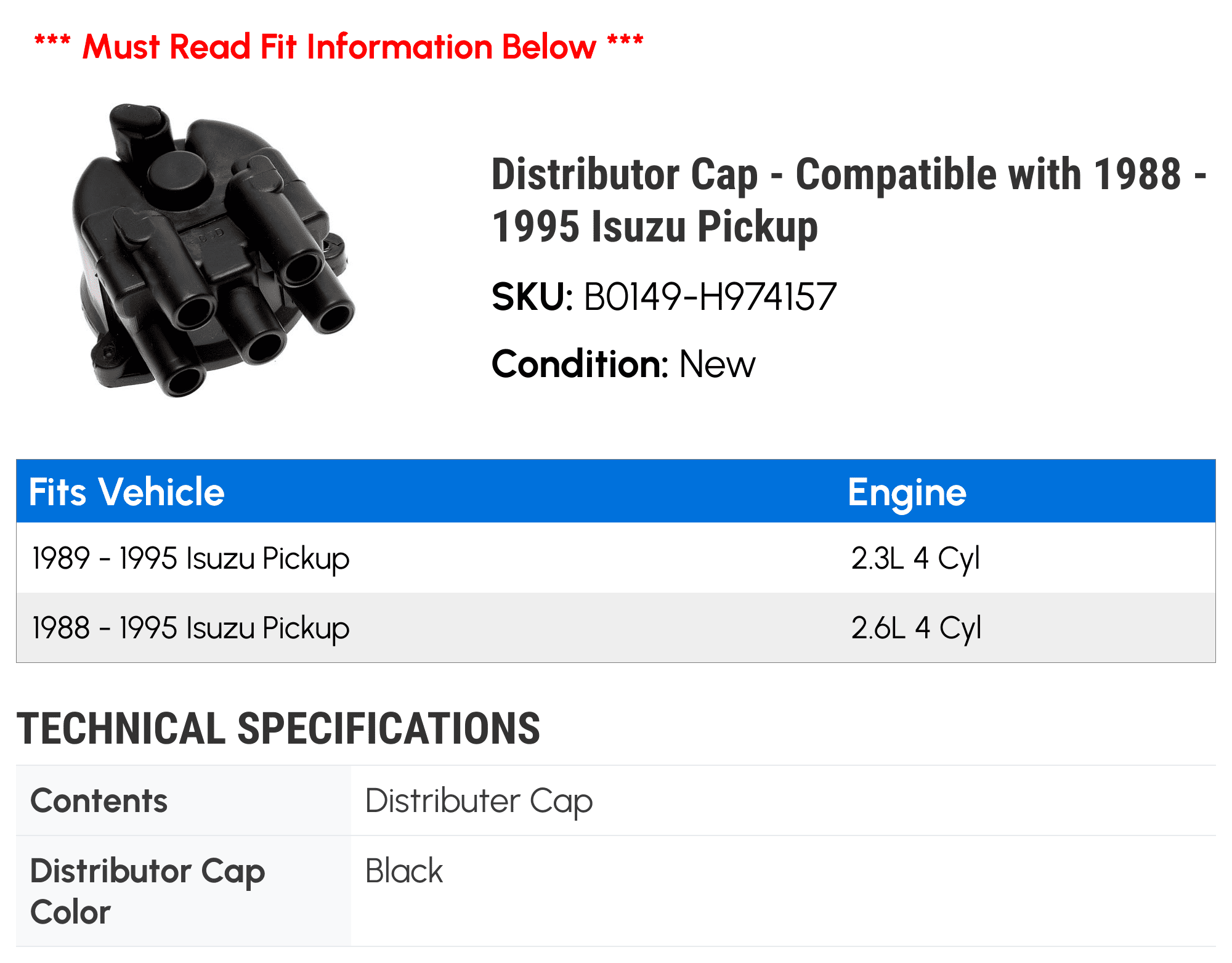 Distributor Cap - Compatible with 1988 - 1995 Isuzu Pickup 1989 1990 1991 1992 1993 1994