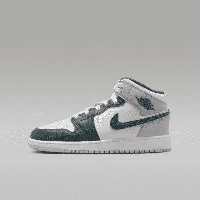 

Air Jordan 1 Mid SE Big Kids Shoes Color: White/Sail/Neutral Grey/Oxidized Green Size: 6Y