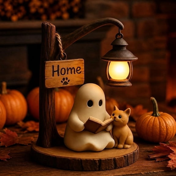 Halloween Decor Ghost Lamp with Book, Resin Cute Spooky Night Light Table Decorations, Holloween Ornaments Gothic Witch Lamp Ghosts Figurines for Home, Office, Room