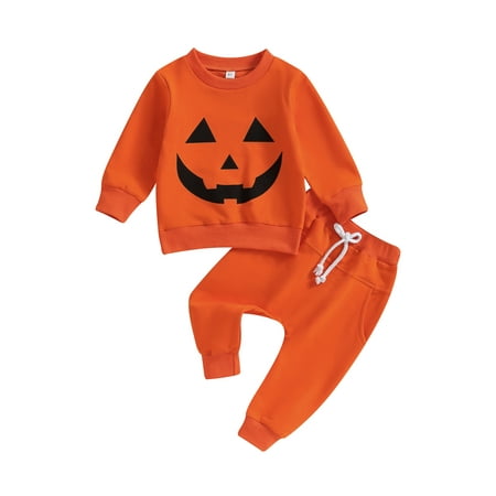 

GXFC Toddler Baby Boys Girls Halloween Two Piece Outfits Kids Long Sleeve Pumpkin Face Print Sweatshirt+Elastic Pants Set Children Halloween Day Fall Clothes 2Pcs 6M-4T