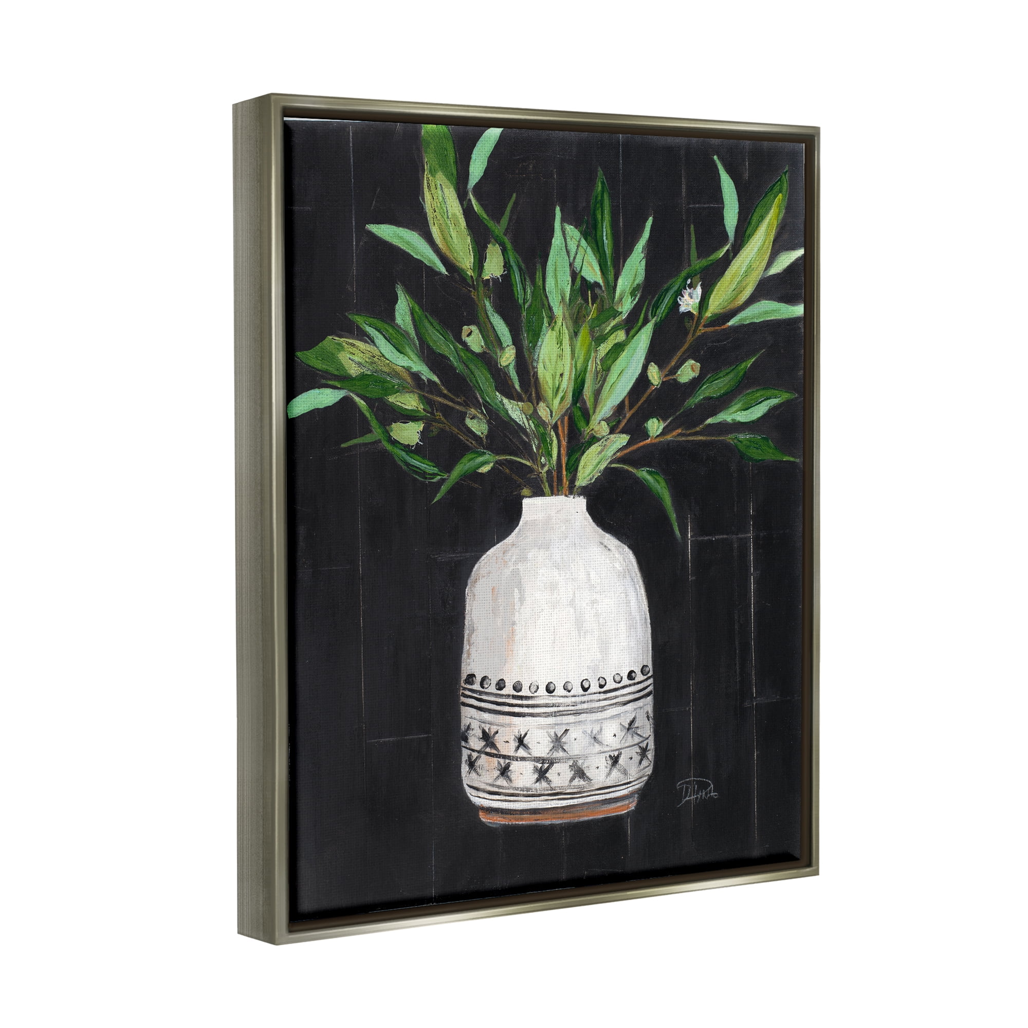 Stupell Industries Tall Botanical Leaves Arrangement Patterned Pottery Vase Painting Luster Gray Floating Framed Canvas Print Wall Art, Design by Patricia Pinto