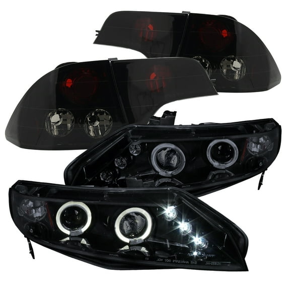 Spec-D Tuning Dual Halo LED Smk Glossy Black Headlights   Dark Smoke Lens Tail Lamps Compatible with 2006-2011 Honda Civic Left   Right Pair Headlamps Assembly