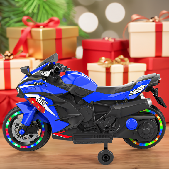 Techvida 12V Ride on Motorcyle for Kids Battery Powered 2 Wheels Kids Motorcycle for Child with Training Wheels (Blue)