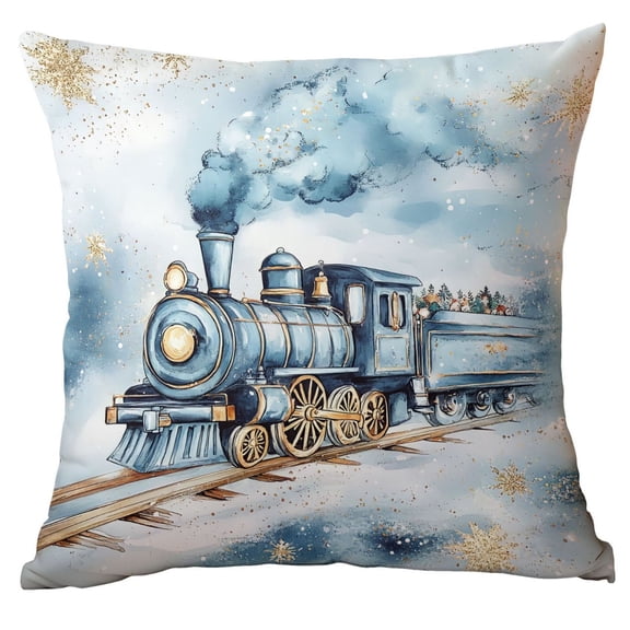 QISIWOLE Christmas Train Cushion Cover, Blue Holiday Ball Tree Snow Print Pillowcase, 18 x 18 in Polyester Pillow Cover, for Sofa Couch Bedroom and Christmas Decor