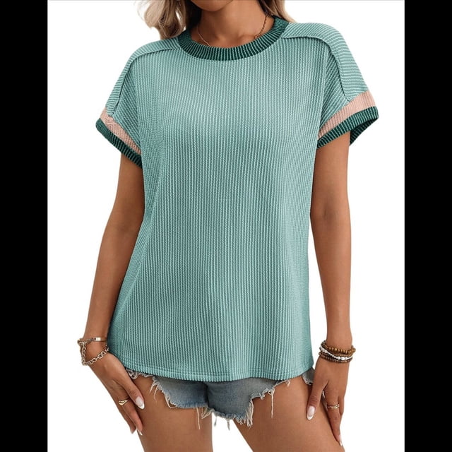Blusa Informal de Corta con Cuello Redondo y Bloques de Color Acanalados para Mujer Lago Verde M
