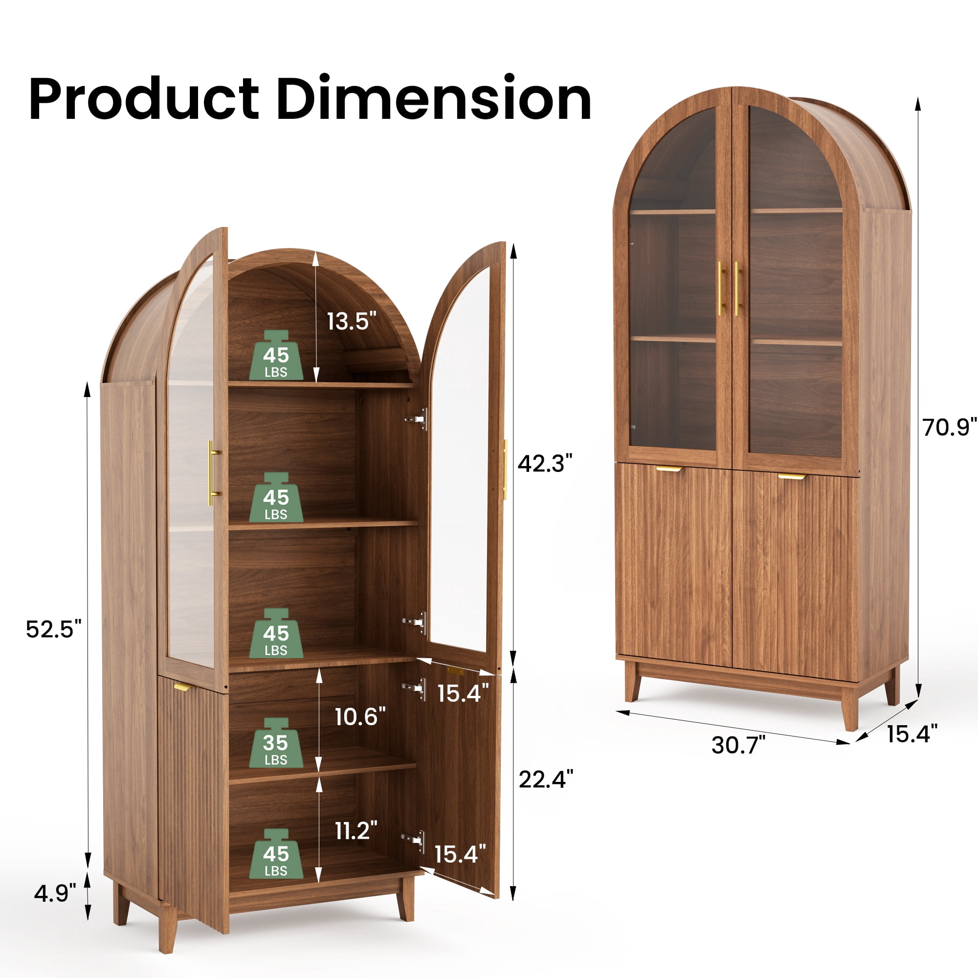 PamapicLife 71" Tall Walnut Arched Cabinet, Fluted Kitchen Pantry With Glass Doors, Adjustable Shelves