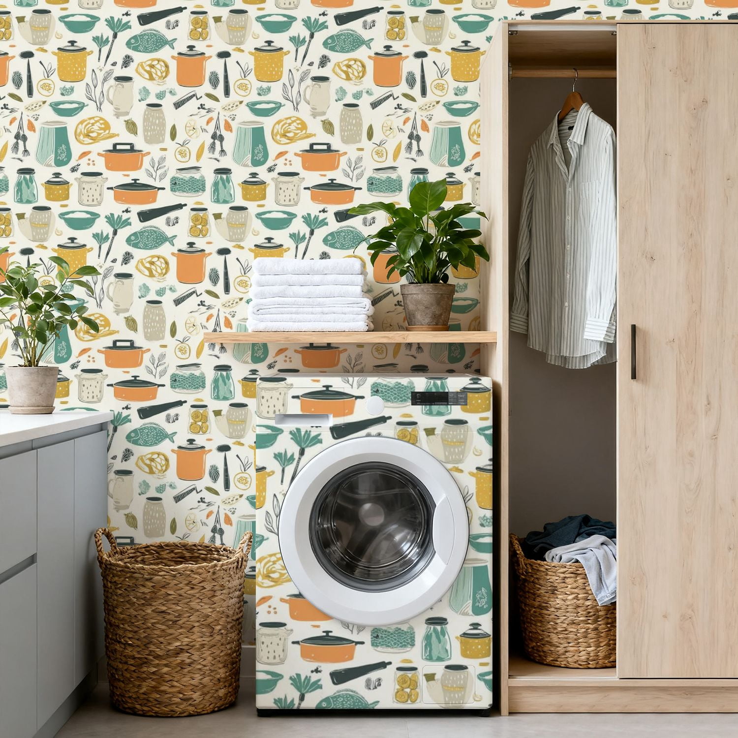 Peel and Stick Wallpaper 17.7in x 9.8ft Kitchen Utensils Food Ingredients Warm Tones Contact Paper Vinyl Self-Adhesive Removable Wall Paper for Bedroom DIY Home Decor Renter Friendly