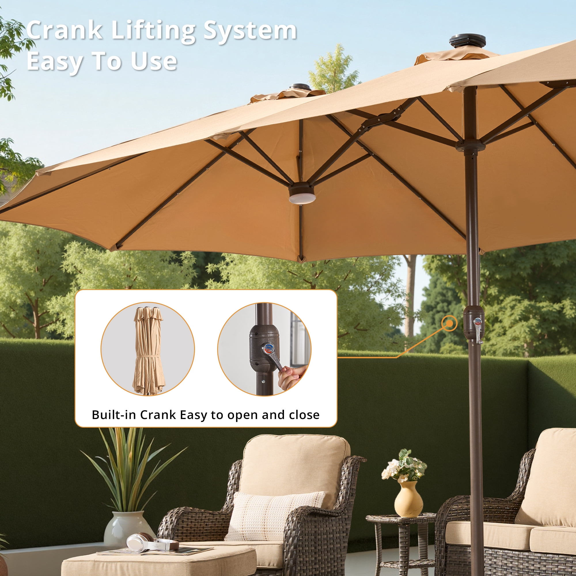 Vcatnet 15ft Large Patio Umbrella with Solar Lights Outdoor Double-Sided Rectangle Market Umbrella with Crank Handle and Base, Khaki