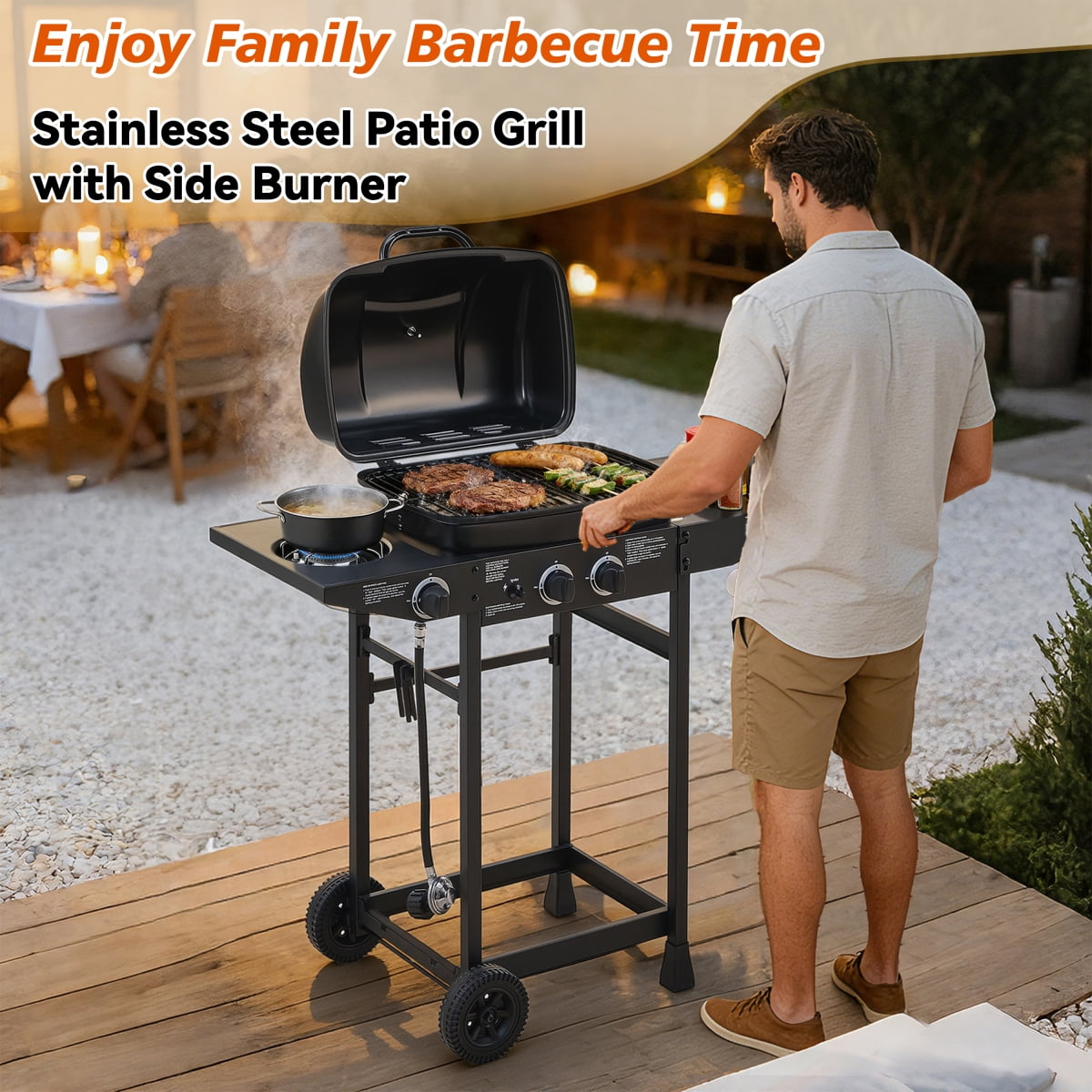Stainless Steel BBQ Grill with Side Burner – 2 Burner Propane 24000 BTU, Side Tables for Patio/Backyard
