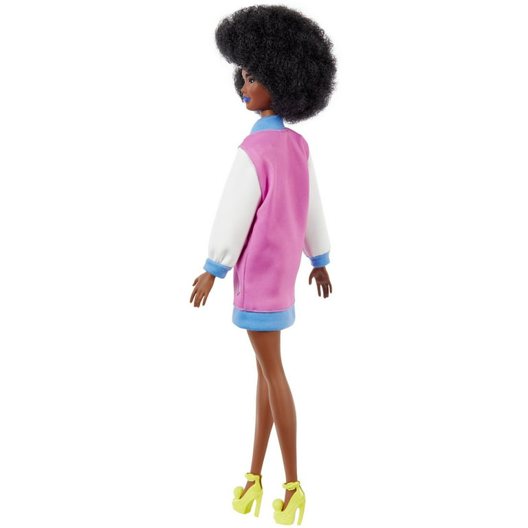 Barbie Fashionistas Doll #156 with Brunette Afro & Blue Lips Wearing  Graphic Coat Dress
