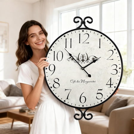 MODE HOME 30 Inch Wall Clock for Living Room, Extra Large Farmhouse Wall Clock, Wrought Iron Frame with Warm Gray Finish, Silent Battery Operated Clocks for Living Room, Kitchen, Home Decor