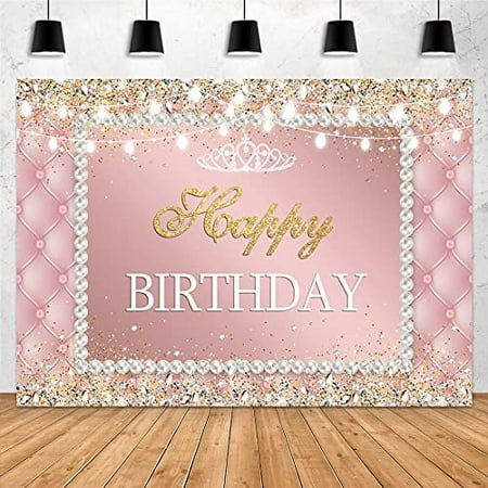 Image of Aperturee 7x5ft Pink Happy Birthday Backdrop Crown Pearls Diamonds Gold Dots Girl Women Sweet 16th 18th 21st Photography Background Party Decorations Cake Table Banner Supplies Photo Booth Props