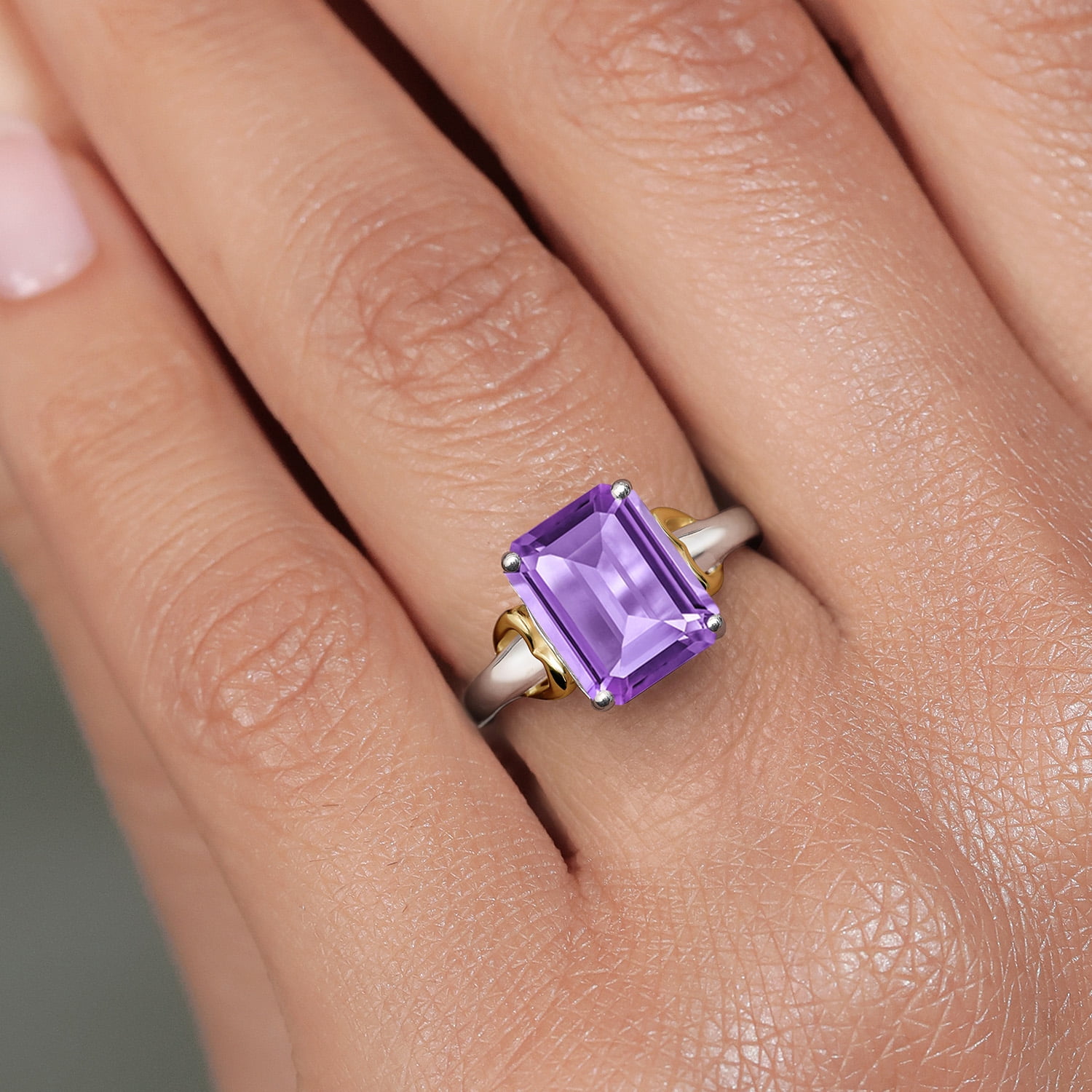 Gem Stone King 925 Silver and 10K Yellow Gold Purple Amethyst Solitaire Engagement Ring for Women | 3.50 Cttw | Octagon 10X8MM | Gemstone February Birthstone | Size 6
