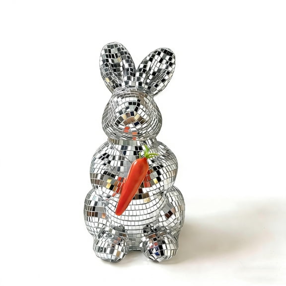 Twfbrm Reflective Glass Rabbit Figurine, Easter Decorations, 9 inch Silver Mirrored Bunny Statue, Handcrafted Decorative Animals Sculpture Spring Tabletop Ornaments for Home Office Shelf