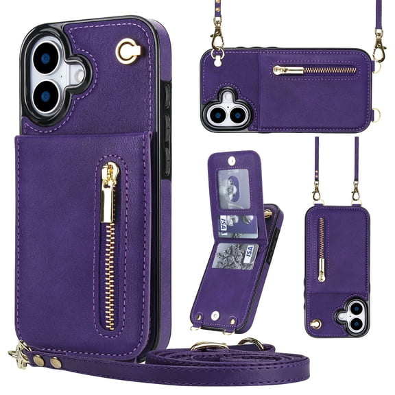 Crossbody Wallet Case for iPhone 16 Plus with Card Holders RFID Shockproof Cover, Back Magnetic Flip Kickstand Zipper Slot Case, PU Leather Cover Handbag Shoulder Strap Phone Case,Purple