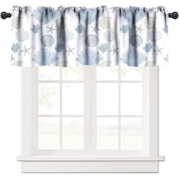 Summer Coastal Valance Curtain, Nautical Beach Coral Starfish Shells Blue Seaside Window Valance Rod Pocket Short Curtain for Kitchen Living Room Bedroom, 54x18in