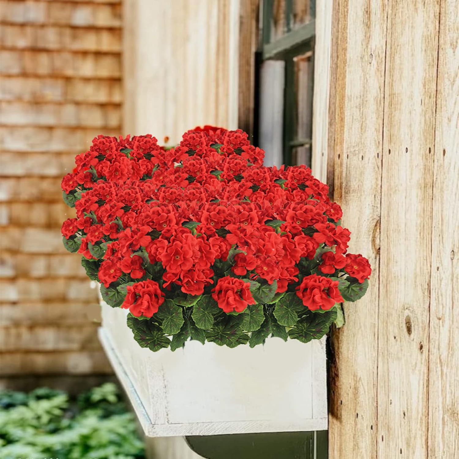 CISDUEO 2 Pcs Artificial Geranium Flowers for Outdoors Silk Flowers Outside UV Resistant Red Fake Geraniums Bush Faux Flowers for Planter Outdoor Decor Indoor Garden Patio Table Centerpiece