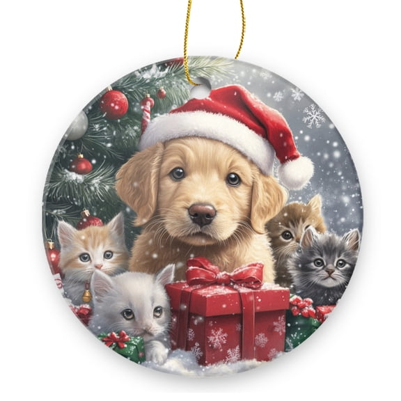 Christmas Dog And Cats Standing Outdoors In A Snow Night - Christmas Ornament Xmas Keepsake Ceramic Ornaments Holiday Decorations for Tree Christmas Gift Ideas 2.95in