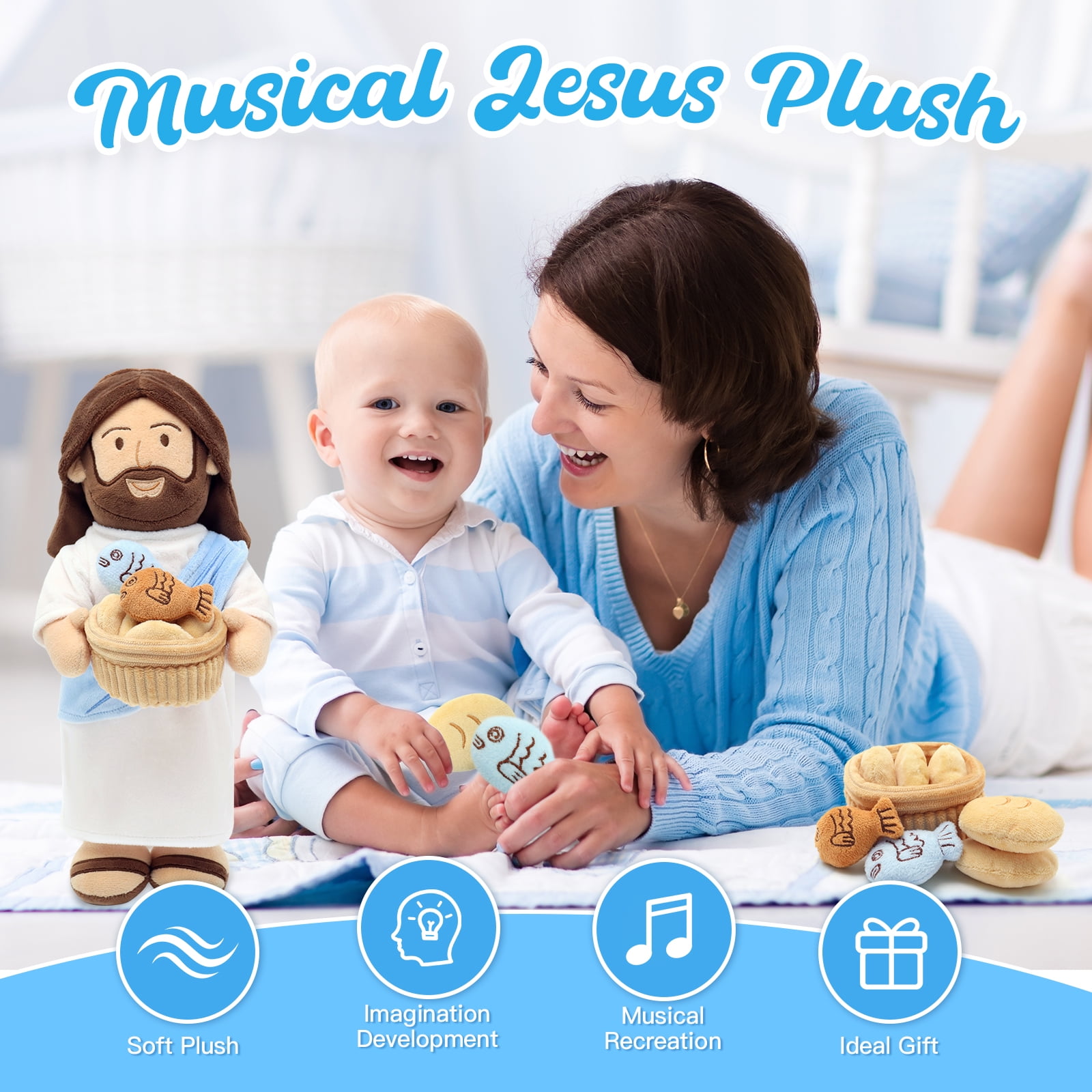 14" Jesus Plush Talking Doll,Jesus Stuffed Doll Plushie Speaks Bible Verses Story Bible Songs Religious Gift for Kids Easter Christmas