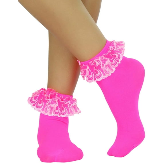 ToBeInStyle Women's Opaque Ankle High Socks w/ Ruffled Lace Top - Hot Pink