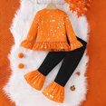 thumbnail image 6 of HCNTES Baby Girl Winter Clothes Girls Halloween Outfits With Pumpkin Print Hallomas Clothing Set Long Sleeve Blouse With Lace Trim Flare-Leg Pants Athletic Clothes For Kids Matching Sets, 6 of 9