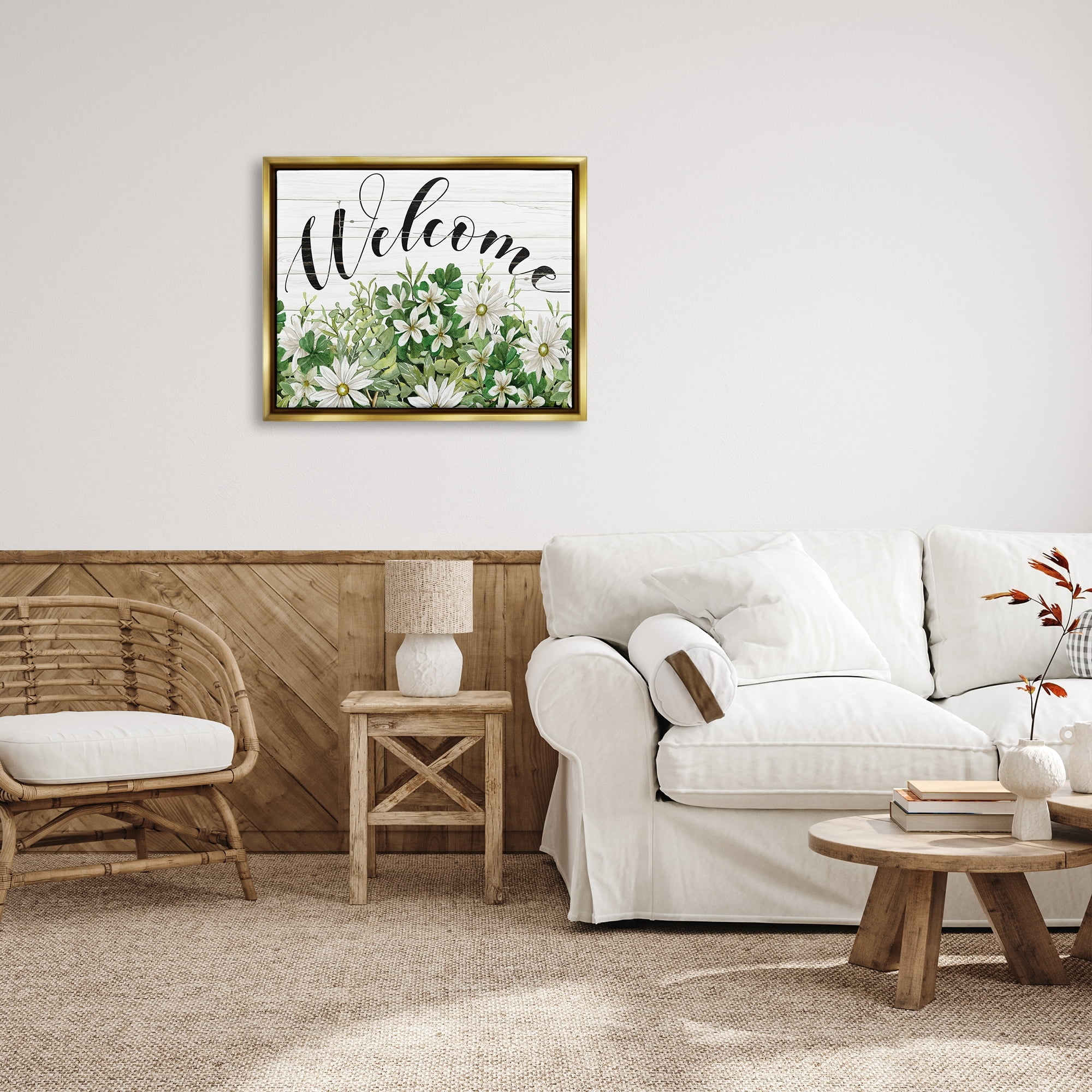 Stupell Industries Welcome Rustic Planked Sign White Flower Blossoms Graphic Art Metallic Gold Floating Framed Canvas Print Wall Art, Design by Cindy Jacobs