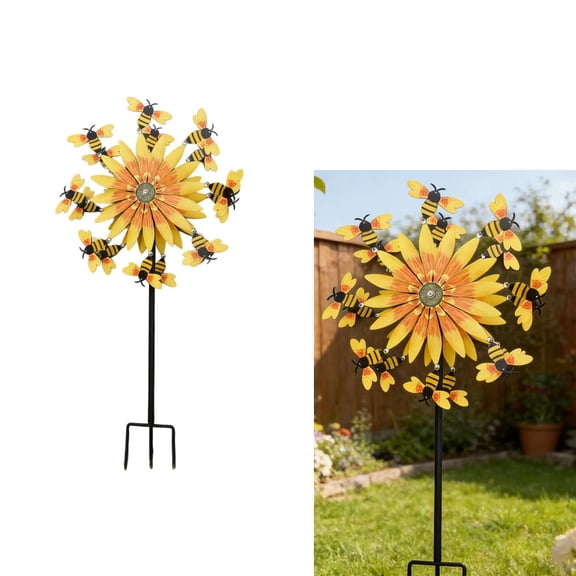 Sunflower Bumble Bee Wind Spinner Metal Kinetic Windmill Garden Stake with Rotating Blades Yard Art Decor for Patio Lawn