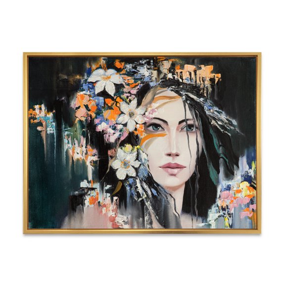 Designart 'Portrait Of A Young Woman With Flowers I' Modern Framed Canvas Wall Art Print