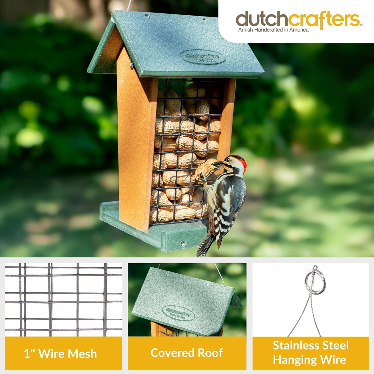 DutchCrafters Plastic Poly Hanging Whole Peanut Bird Feeder for Large Birds, Woodpeckers, Blue Jays for Outdoor, Garden, Yard - USA Amish Made (Turf Green & Cedar)