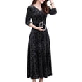 thumbnail image 4 of HIMONE Women’s Retro Velvet Maxi Dress V Neck 3/4 Sleeve Pleated Elegant Evening Party Formal Dresses Cocktail Party Empire Waist Plain Dress, 4 of 5