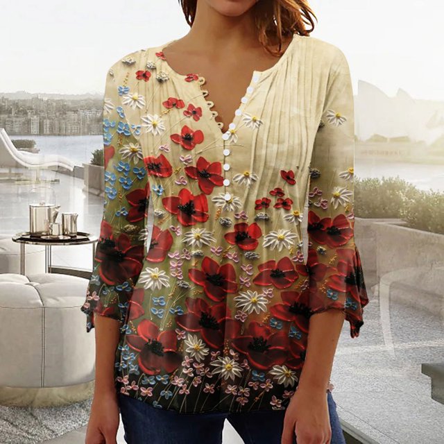 Hauts d'Été Grande Taille pour Femmes, Hauts d'Été Aguichant pour Femmes, Chemisier à Manches 3/4 Col en V avec Boutons, T-Shirt Col en V pour Femmes en Liquidation