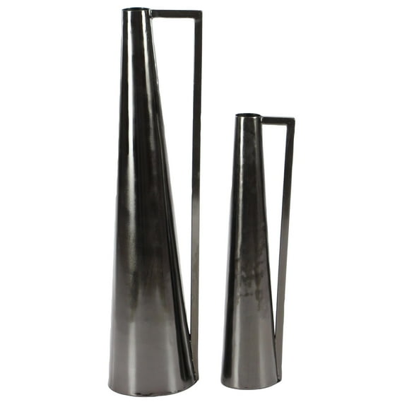 DecMode 17", 22"H Slim Cone Dark Gray Metal Vase with Extended Handles, Set of 2